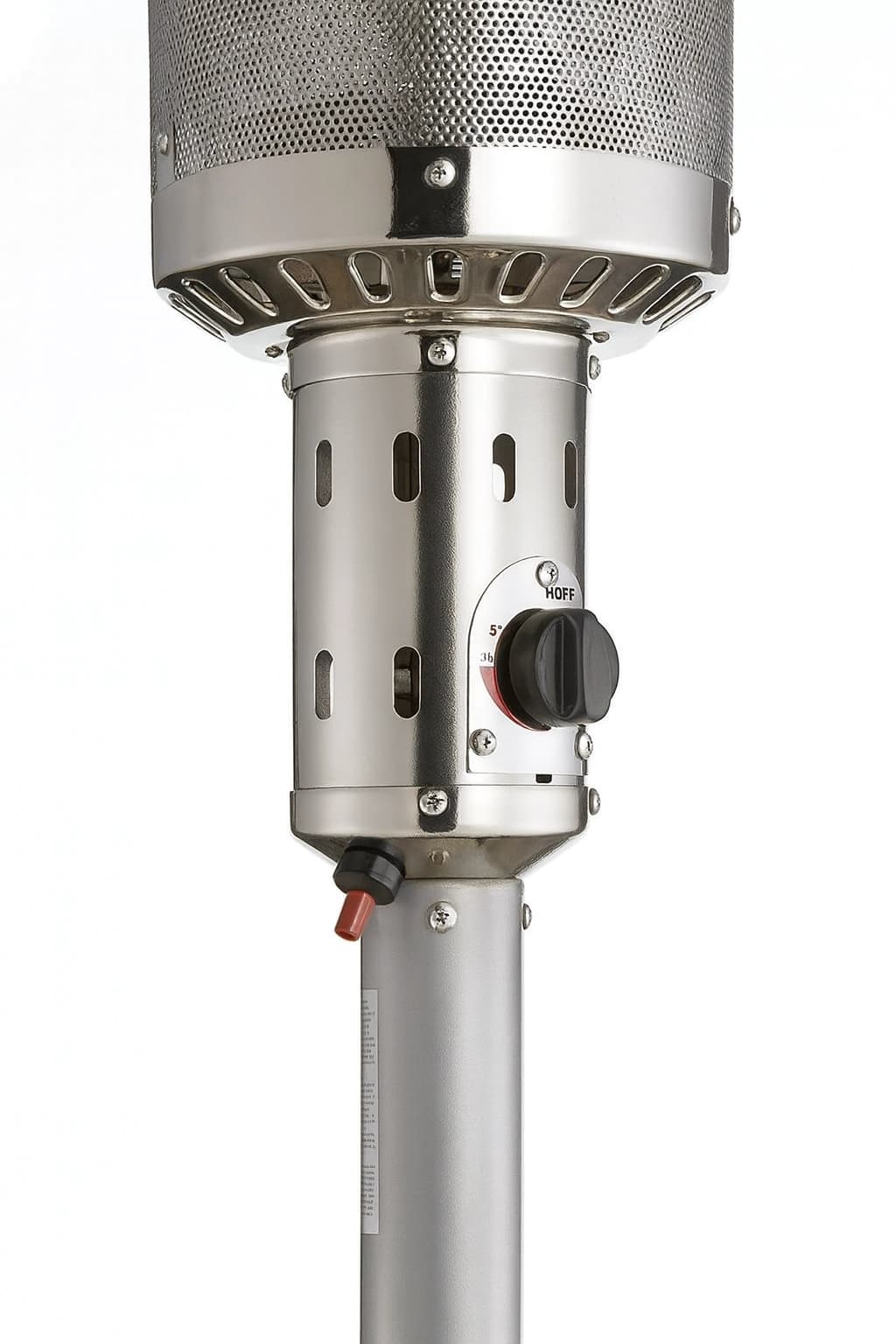 Close-up of burner head and control knob on the stainless steel patio heater showing ignition button and heat dial.