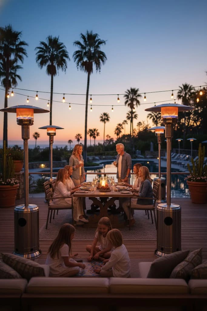 Outdoor evening scene with propane patio heaters warming a dinner table under string lights beside palm trees and water.