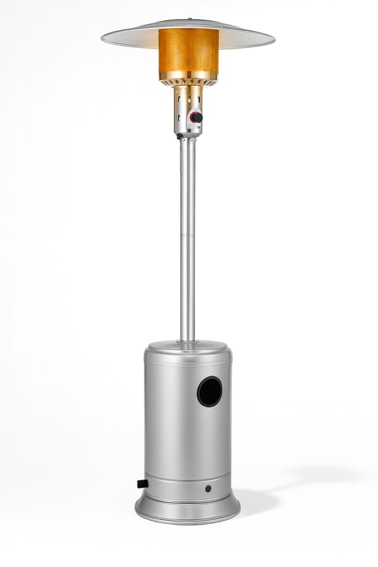 Front view of the stainless steel propane patio heater with circular reflector and subtle studio shadow on white background.