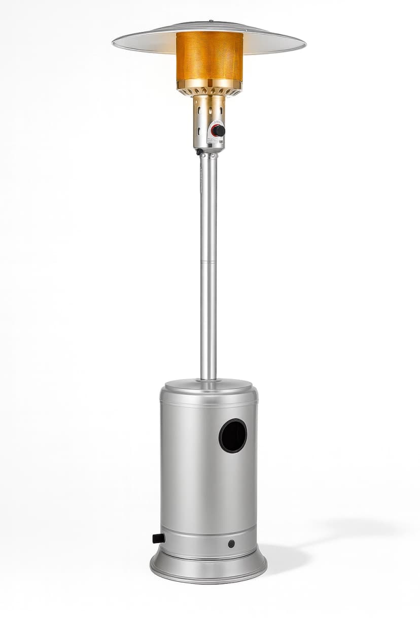 Front view of the stainless steel propane patio heater with circular reflector and subtle studio shadow on white background.