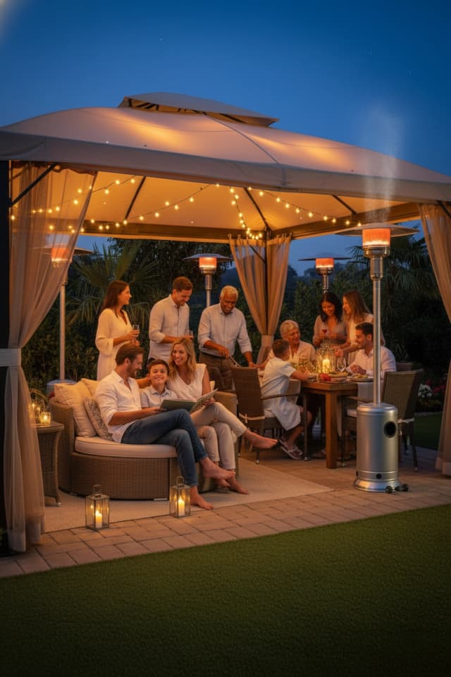 Covered patio gathering at dusk with multiple propane patio heaters warming guests beneath a gazebo with café lights.