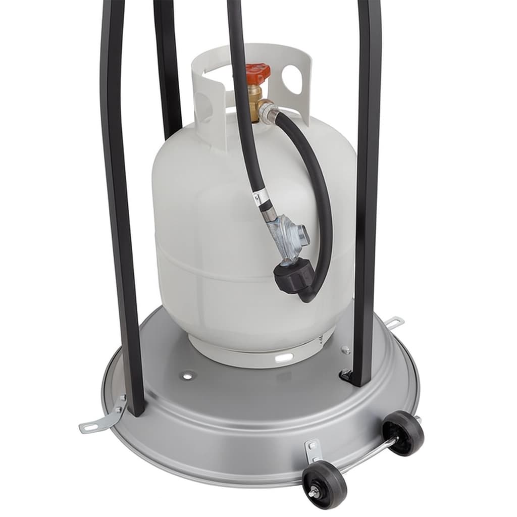 Base detail revealing 20-pound propane tank, hose connection, and built-in transport wheels for easy positioning.