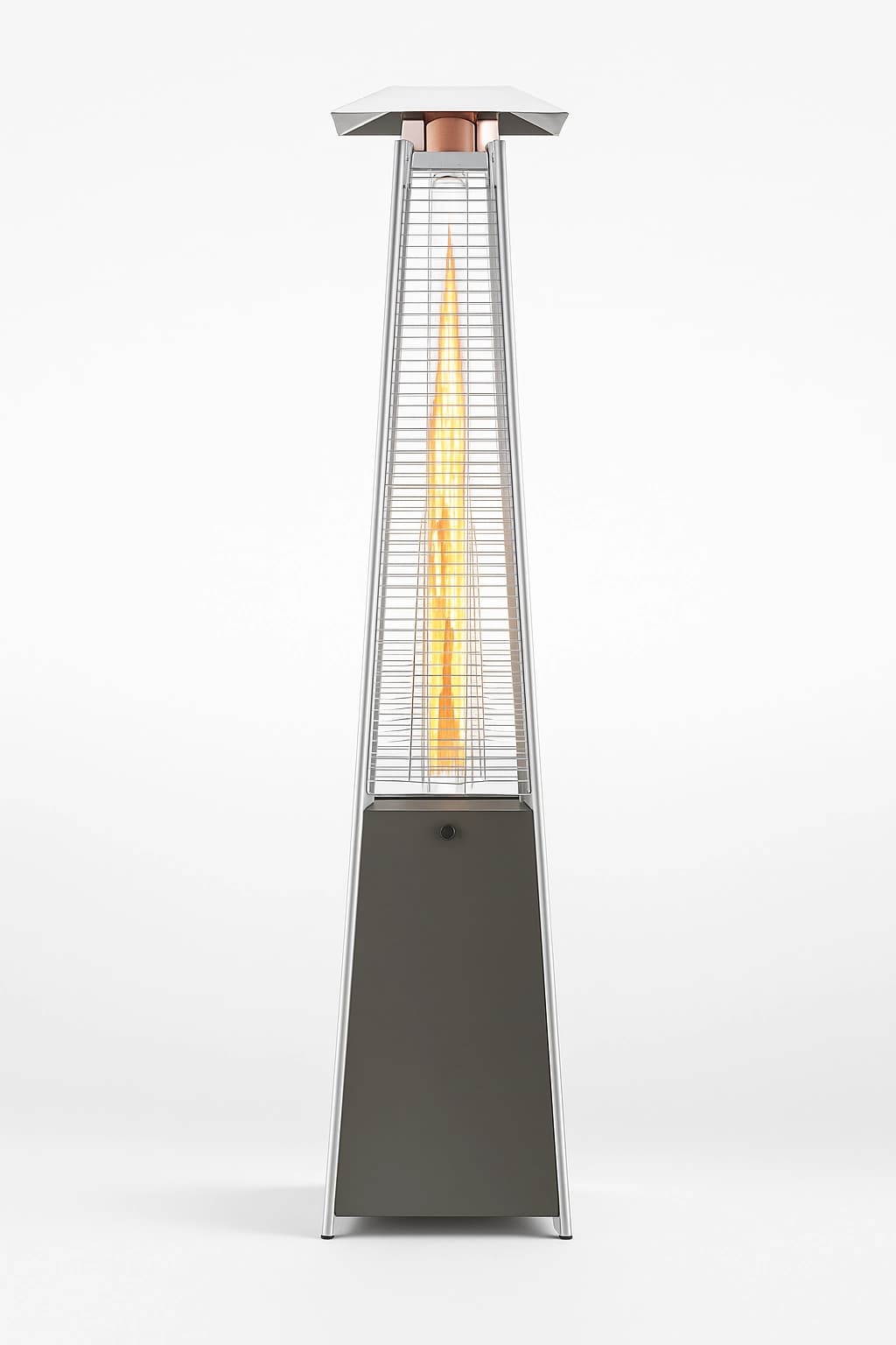 Angled view of the stainless steel pyramid propane patio heater showing tall flame column and protective grill.