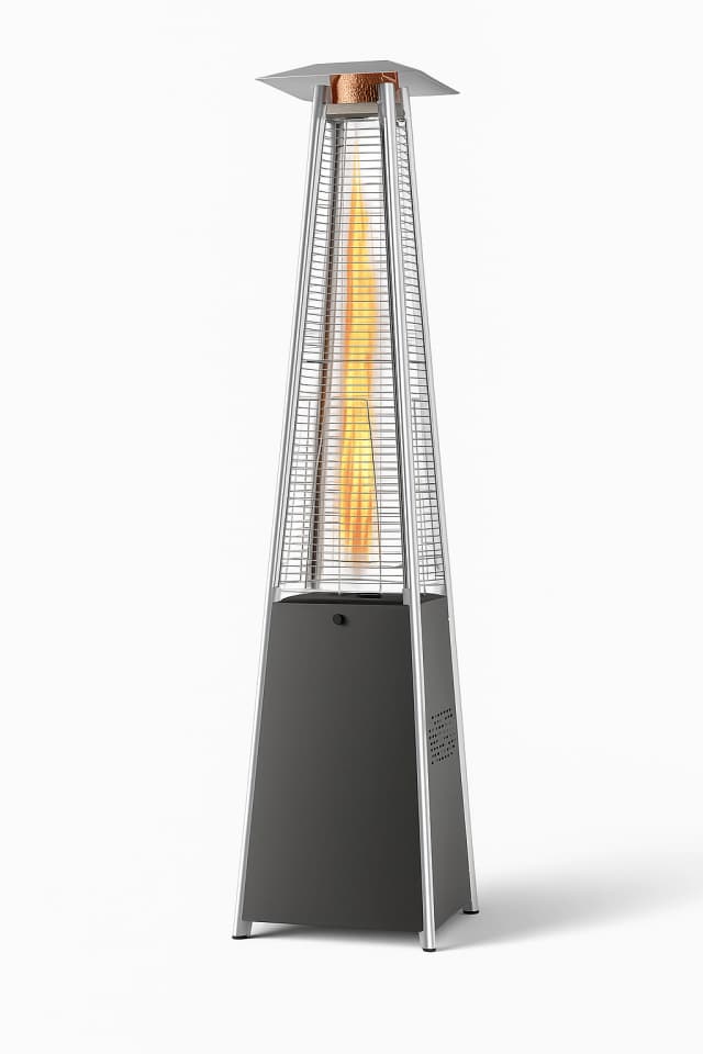 Front view of the stainless steel pyramid propane patio heater with glowing flame on white background.