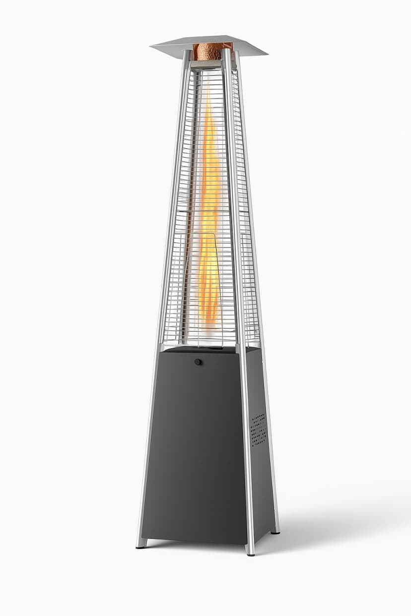 Front view of the stainless steel pyramid propane patio heater with glowing flame on white background.