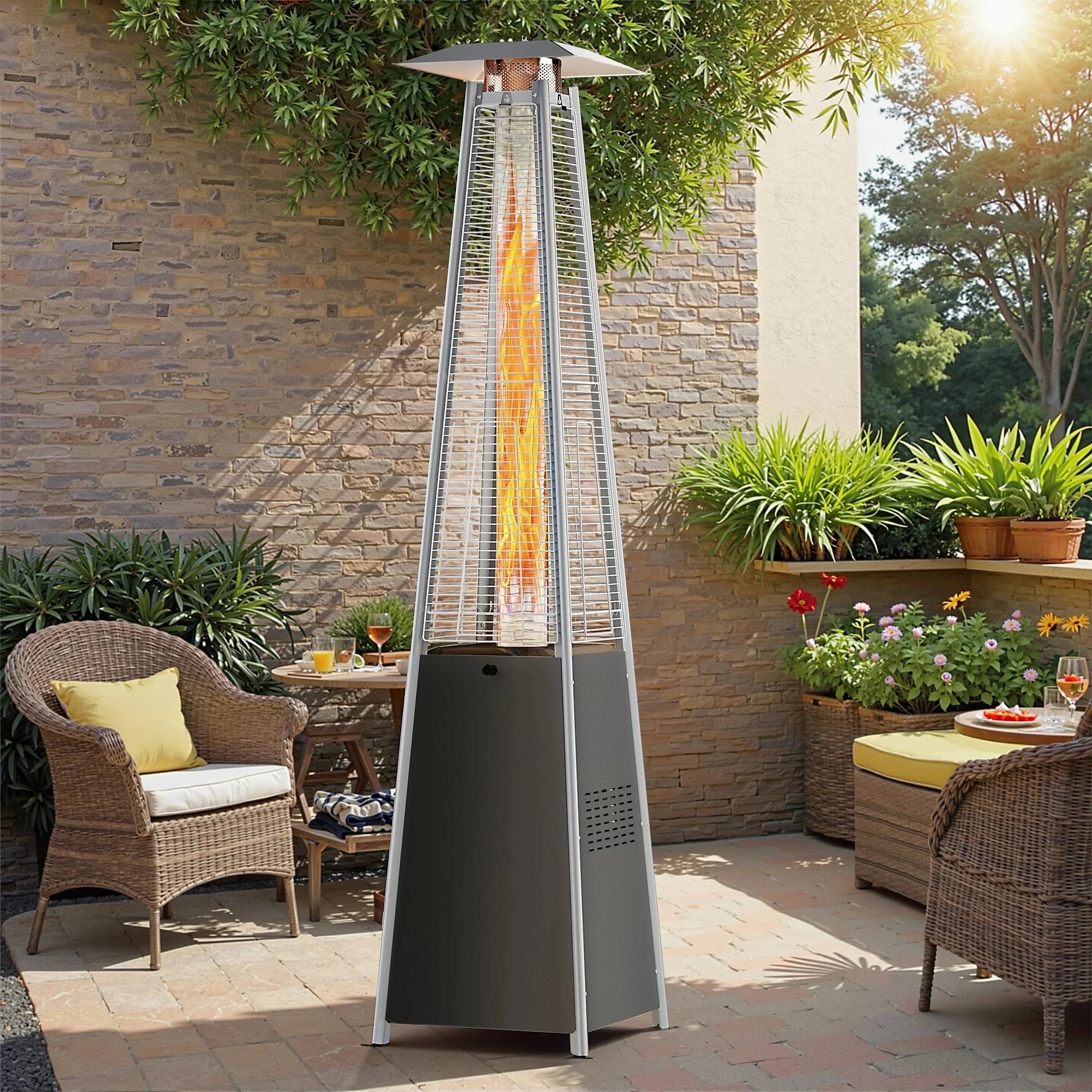 Stainless steel pyramid patio heater on a sunny patio surrounded by wicker seating, plants, and outdoor decor.