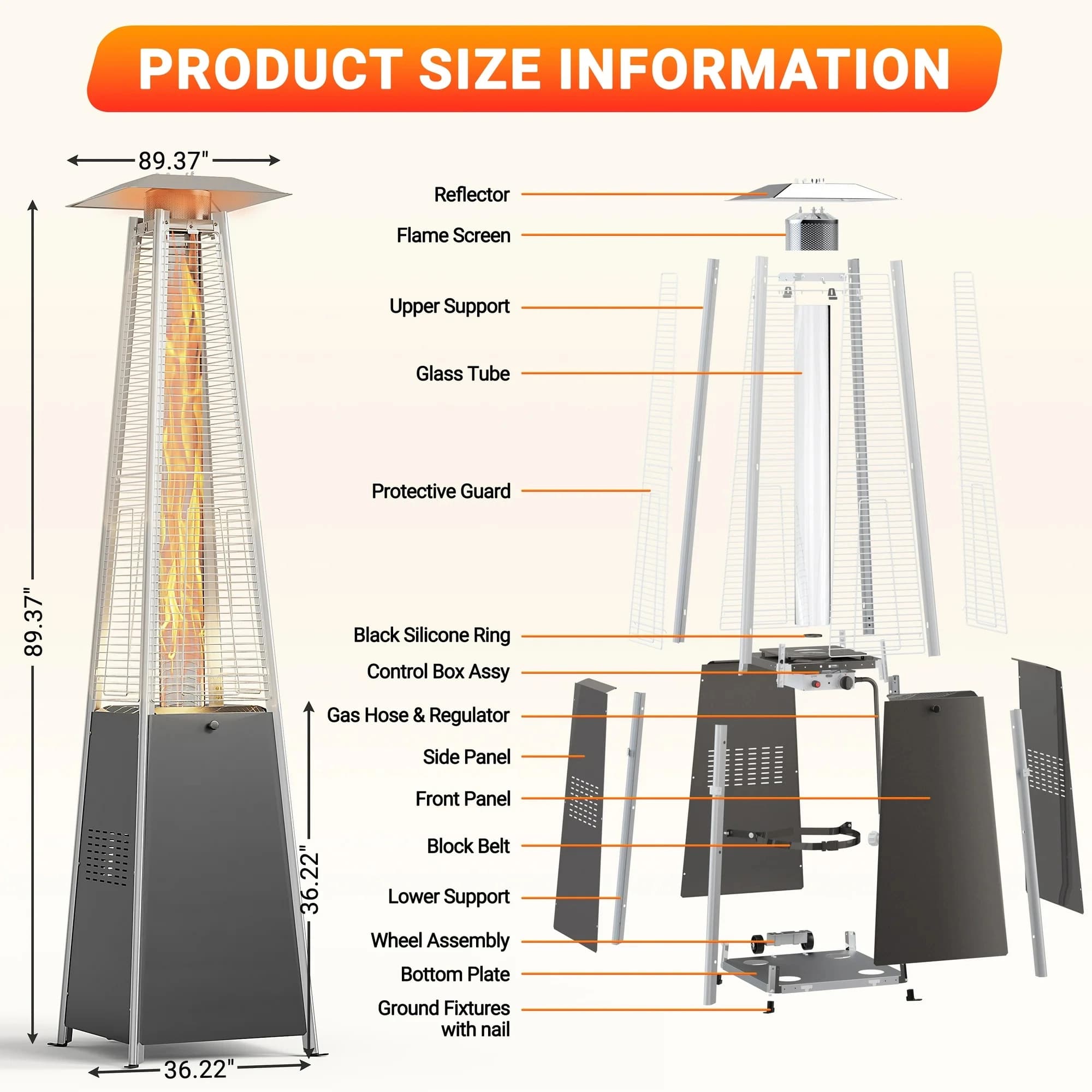 Diagram of the stainless steel pyramid patio heater with labeled components, dimensions, and breakdown of each part.