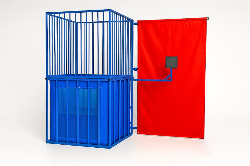 Front hero view of the Standard Blue Dunk Tank showing the bright red target and steel frame.