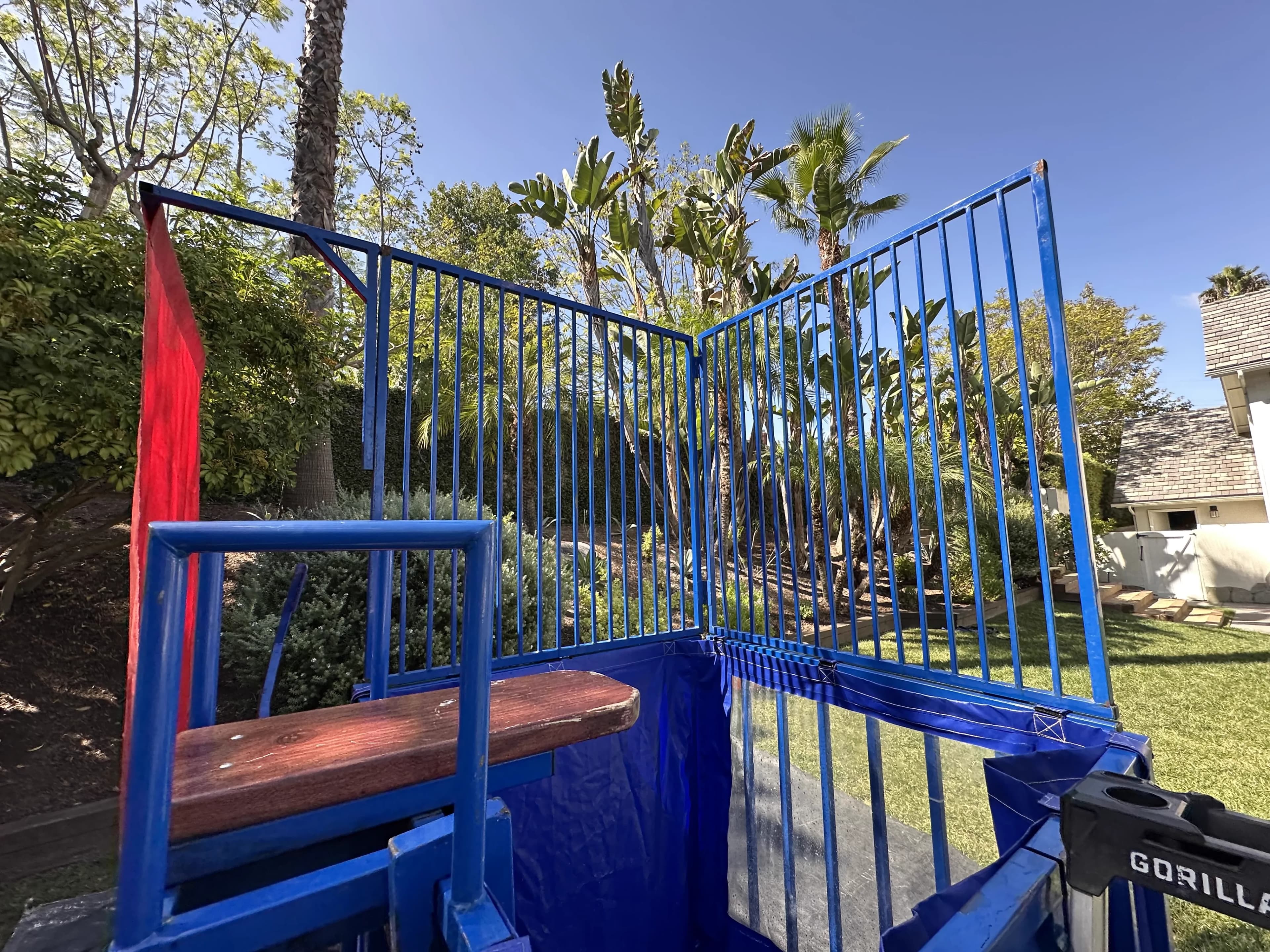 Top-down view of the Standard Blue Dunk Tank displaying the circular tank opening, seat frame, and overall footprint.