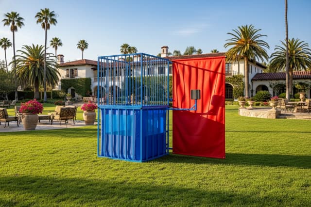 Upscale estate lawn view of the Standard Blue Dunk Tank surrounded by palms and courtyard seating.