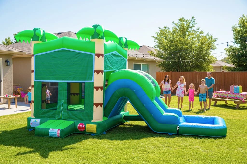 Outdoor front angle of the Tropical Palm 5-in-1 Water Combo showing entry steps and attached slide.