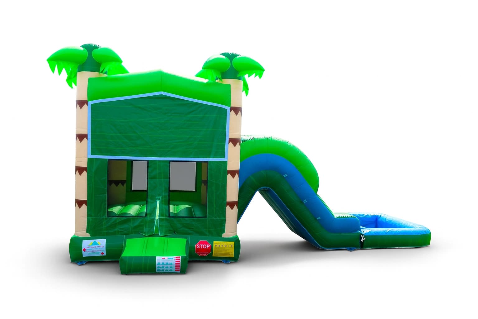 Front hero view of the Tropical Palm 5-in-1 Water Combo showing pool, slide, and banner panel.