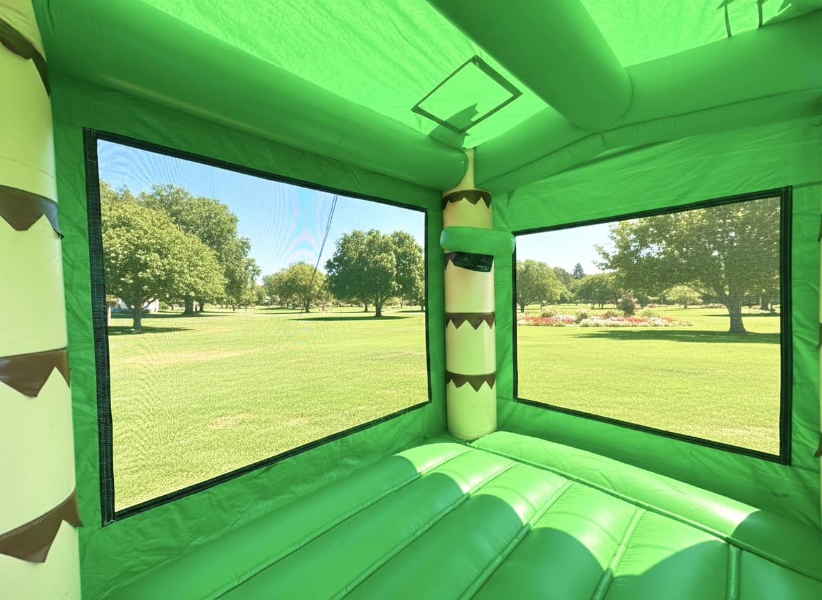 Interior basketball hoop feature inside the Tropical Palm 5-in-1 Water Combo bounce zone.