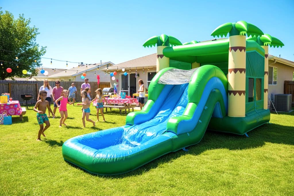 Side slide view of the Tropical Palm 5-in-1 Water Combo featuring curved slide and splash pool.