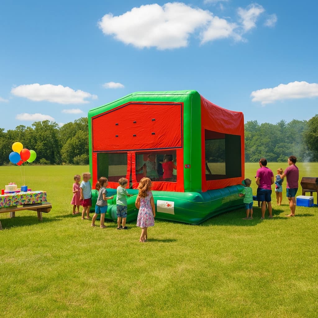 Side view of the Watermelon Wonder bounce house showing balloons, picnic table, and children celebrating outdoors.