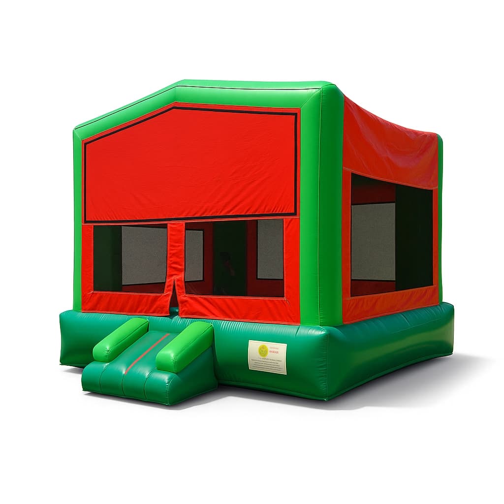 Front view of the Watermelon Wonder bounce house with red walls and green base on a white background.