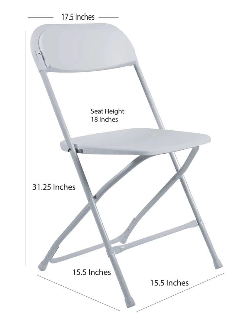 White Plastic Folding Chair diagram showing height, seat width, and depth measurements for easy planning.