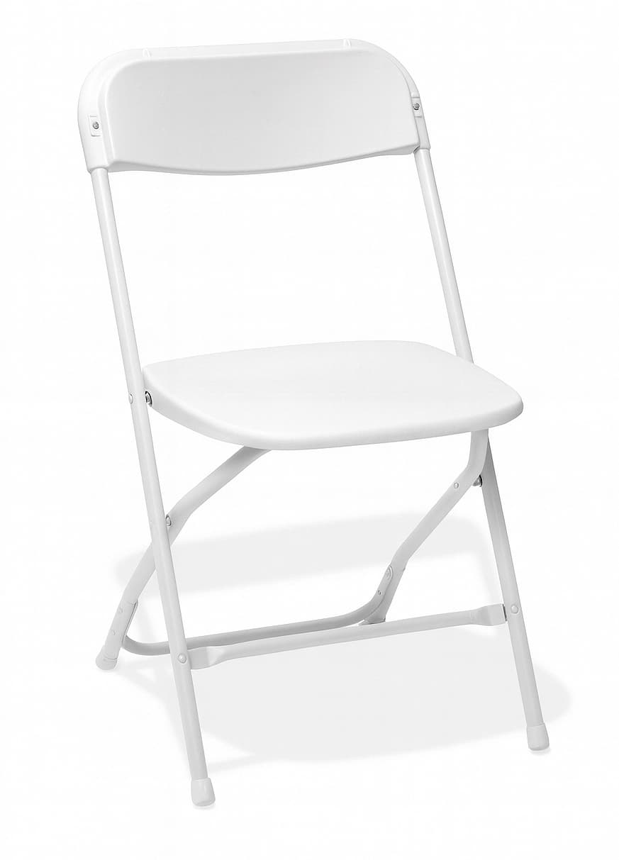 Front view of the White Plastic Folding Chair showing seat shape and steel frame on white background.