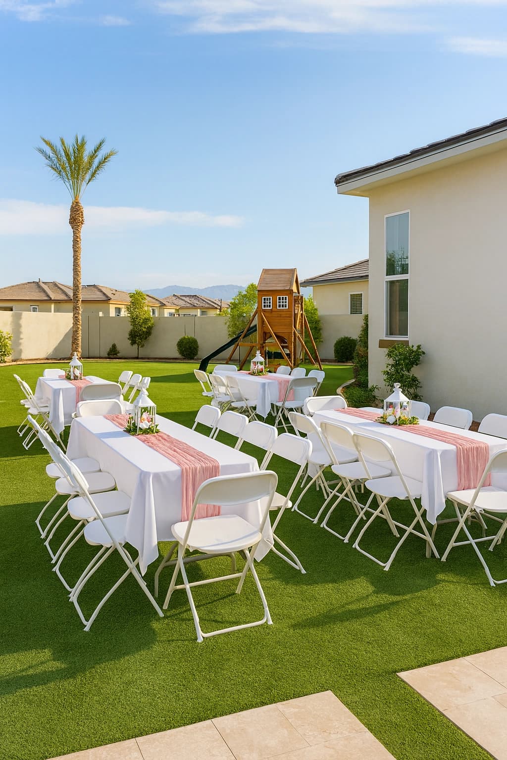 White Plastic Folding Chairs set up outdoors on turf with rectangular tables and pink table runners.